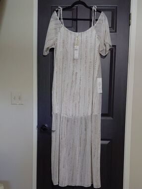 NWT- BCBGeneration Light Beige Printed Cold-Shoulder Maxi Dress with Tie Straps